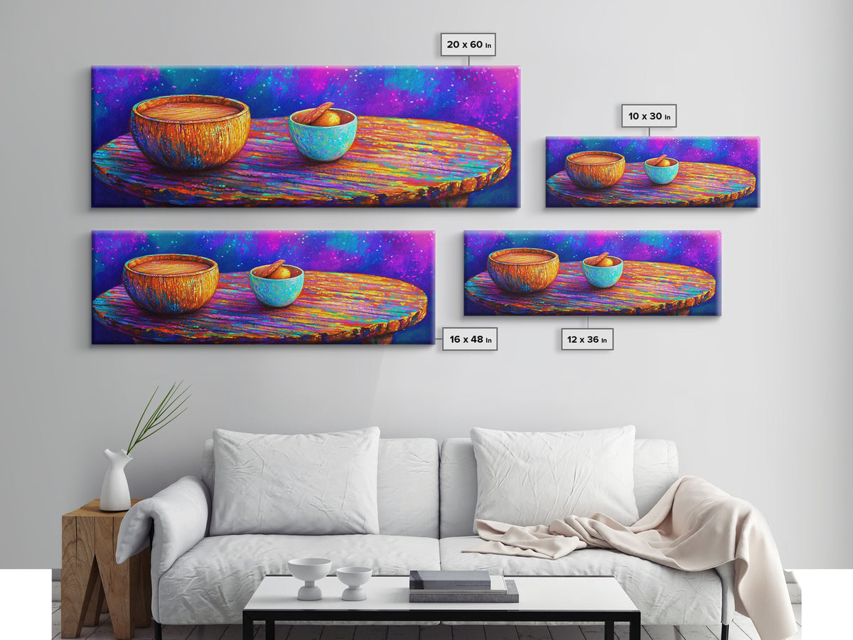 Rainbow Wooden Table And Bowls Canvas Print, Colorful Still Life Wall Art, Modern Kitchen Decor, Dopamine Dining Room Print