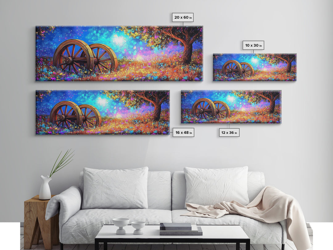 Starry Meadow Wagon Wheels Framed Canvas Print, Rustic Country Wall Art, Whimsical Landscape Decor, Farmhouse Home Gift