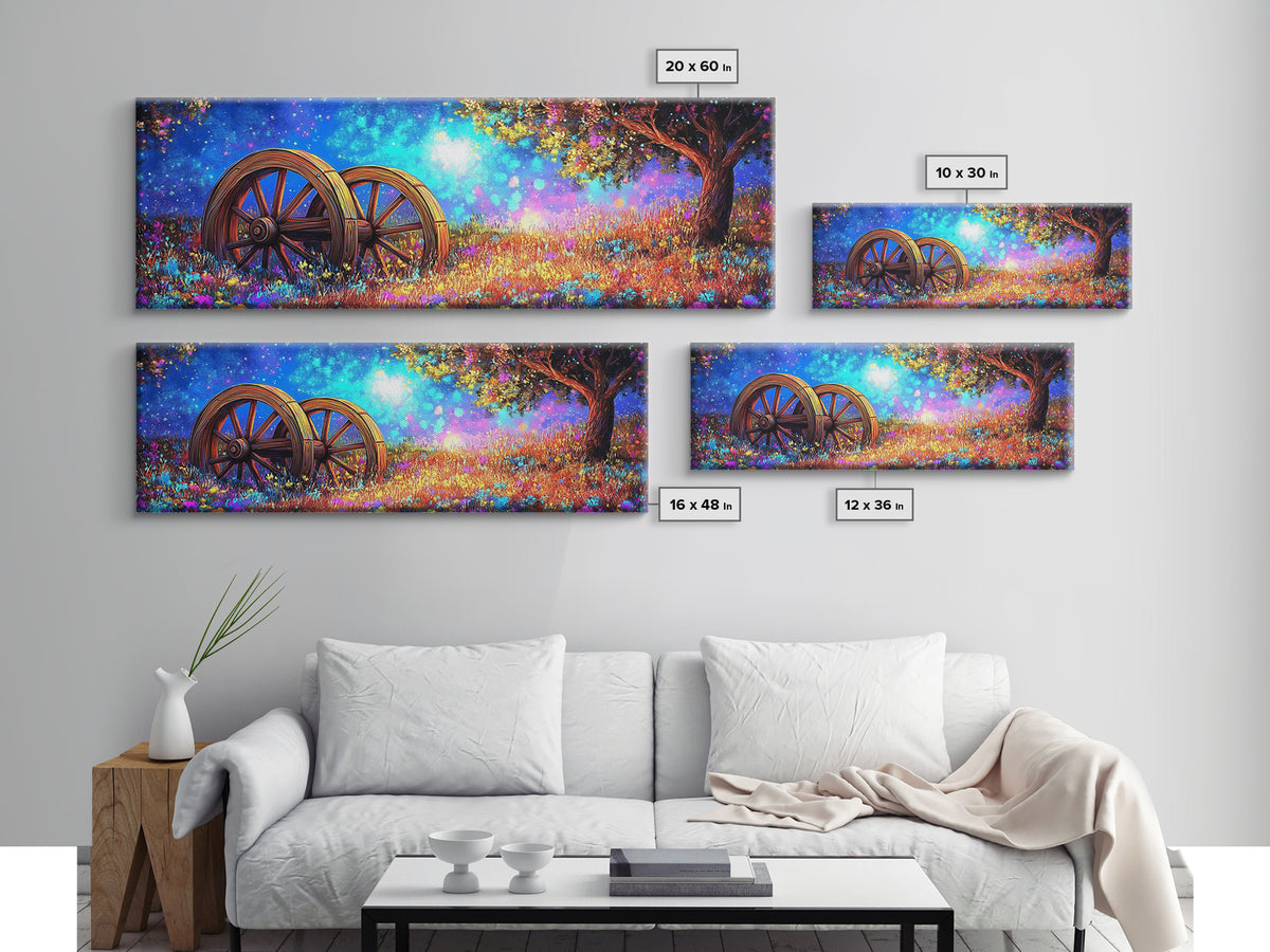 Starry Meadow Wagon Wheels Framed Canvas Print, Rustic Country Wall Art, Whimsical Landscape Decor, Farmhouse Home Gift