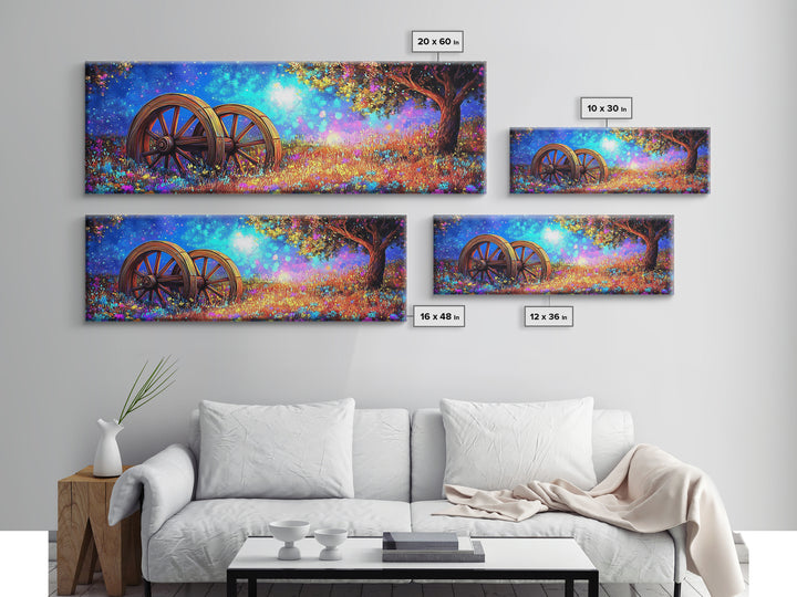Starry Meadow Wagon Wheels Framed Canvas Print, Rustic Country Wall Art, Whimsical Landscape Decor, Farmhouse Home Gift