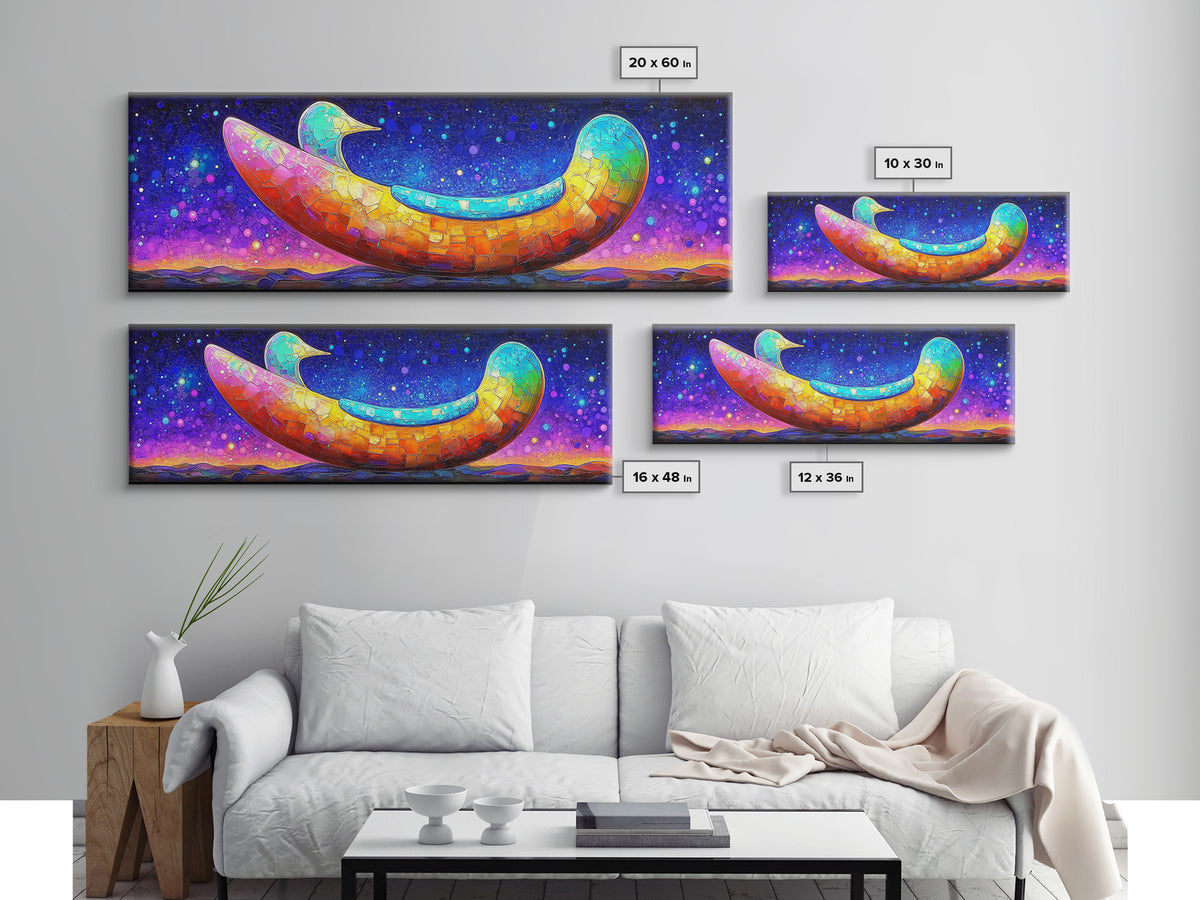 Rainbow Crescent Moon Bird Wall Art, Whimsical Celestial Canvas Print, Colorful Nursery Decor, Dreamy Kids Room Gift, Baby Shower Gift