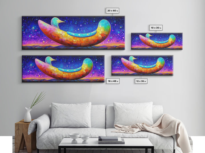 Rainbow Crescent Moon Bird Wall Art, Whimsical Celestial Canvas Print, Colorful Nursery Decor, Dreamy Kids Room Gift, Baby Shower Gift