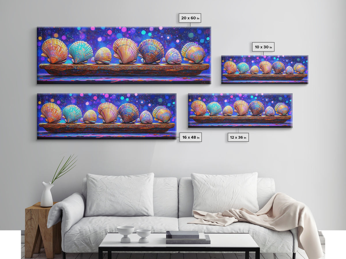 Rainbow Seashells On Driftwood Wall Art, Coastal Decor, Ocean Wall Art Print, Beach House Gallery Wall Gift Idea For Her