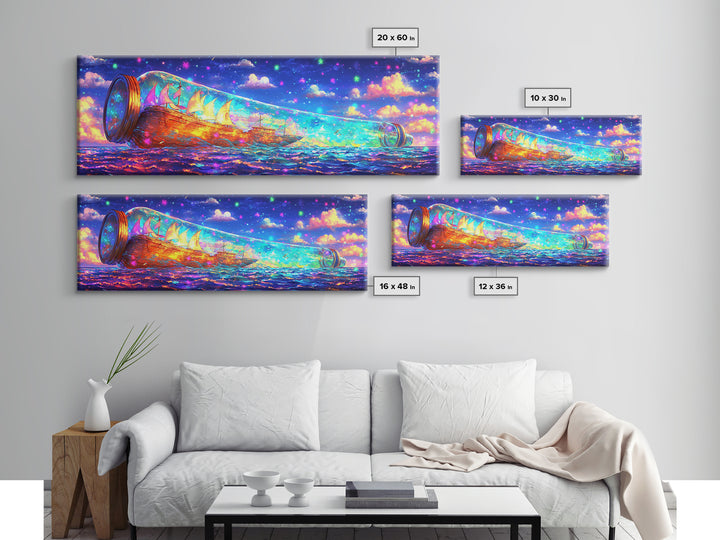 Glowing Message Bottle At Starry Sea Canvas Print, Fantasy Wall Art, Ocean Decor, Nautical Print, Whimsical Coastal Gift