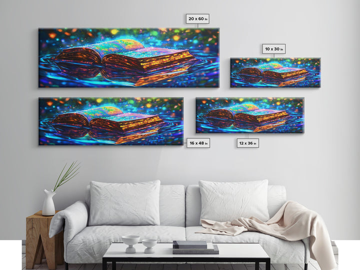 Glowing Open Book On Moonlit Water Canvas Print, Fantasy Wall Art, Library Decor, Book Lover Gift, Magical Reading Nook Art