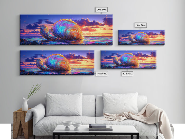 Giant Iridescent Seashell At Ocean Sunset Wall Art, Coastal Canvas Print For Beach House Living Room Decor And Nautical Gift