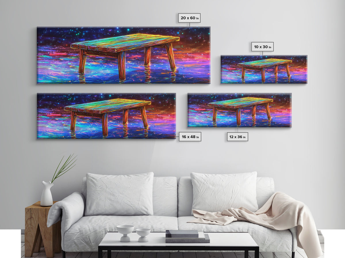Glowing Wooden Dock Over Reflective Water Wall Art, Starry Landscape Canvas Print For Lake House Decor And Home Office Decor