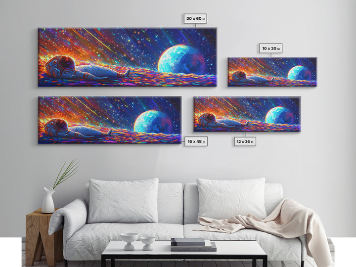 Astronaut Resting On Rainbow Planet Wall Art, Sci Fi Space Canvas Print For Gaming Room Decor And Modern Futuristic Home Decor