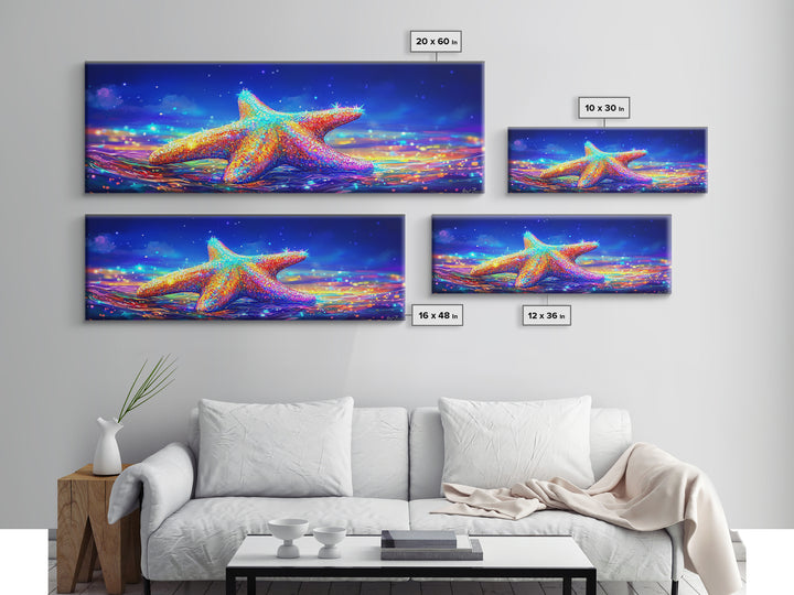 Rainbow Starfish In Moonlit Surf Canvas Print, Coastal Wall Art, Ocean Seascape Decor, Beach House Gift For Her, Summer Decor