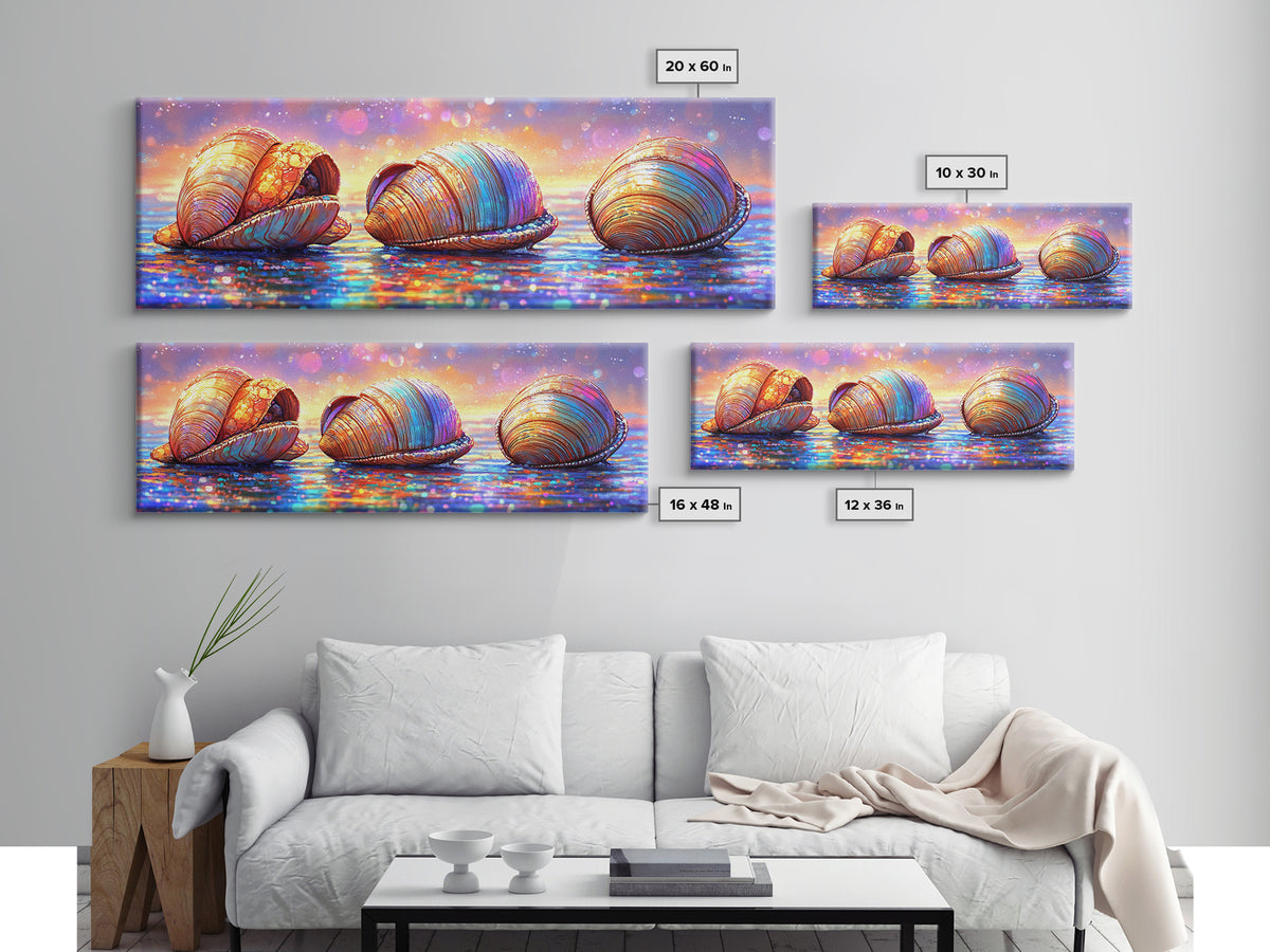 Iridescent Seashells On Sparkling Shore Wall Art, Coastal Canvas Print, Beach House Decor, Ocean Lover Gift For Her Home