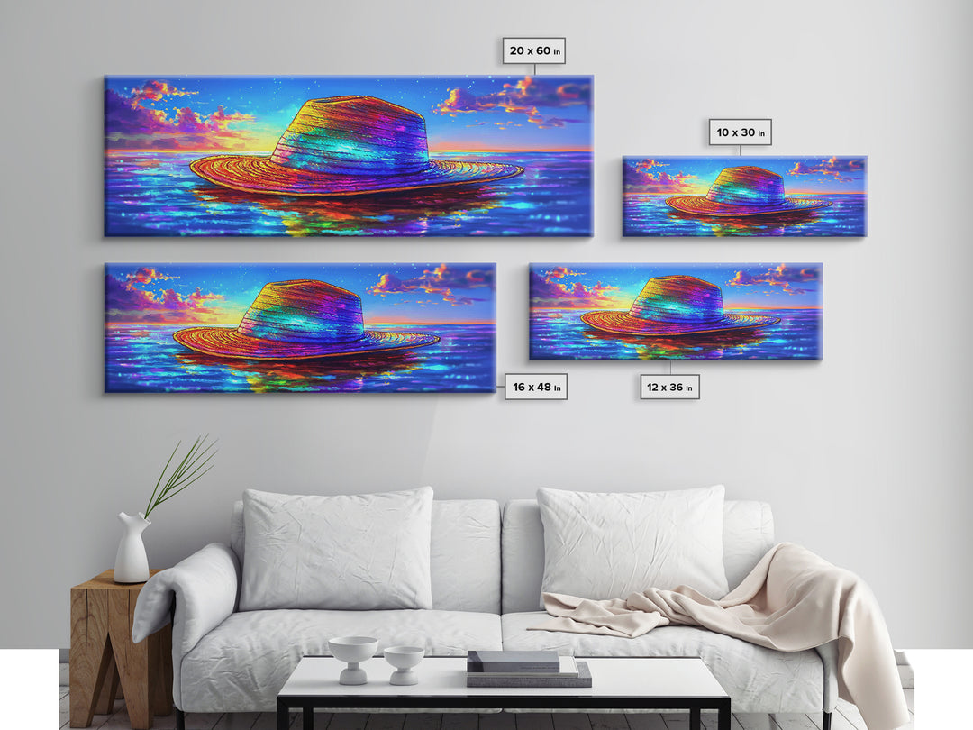 Rainbow Straw Hat Floating On Sunset Ocean Wall Art, Colorful Beach Decor, Coastal Canvas Print, Summer Vacation Poster Art