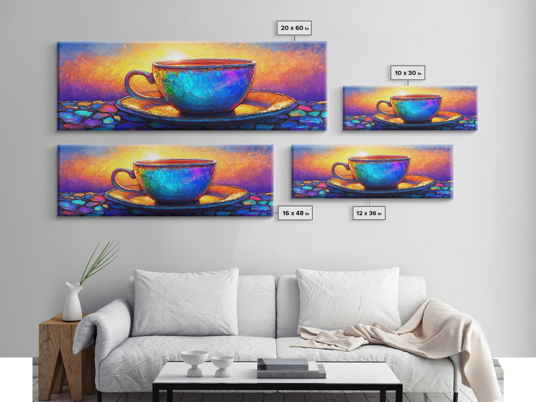 Textured Blue Teacup On Mosaic Saucer Canvas Print, Coffee Art, Kitchen Wall Art, Colorful Wall Art, Cozy Cafe Home Decor