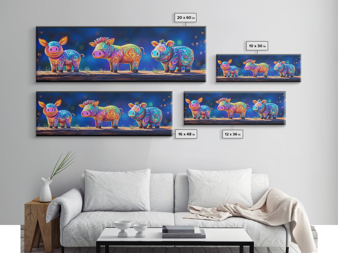 Three Rainbow Farm Animal Figures Wall Art, Colorful Animal Nursery Art, Whimsical Farmhouse Decor, Kids Room Canvas Print