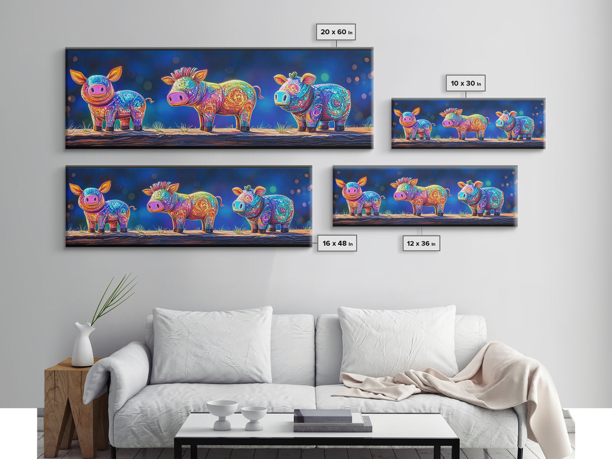 Three Rainbow Farm Animal Figures Wall Art, Colorful Animal Nursery Art, Whimsical Farmhouse Decor, Kids Room Canvas Print