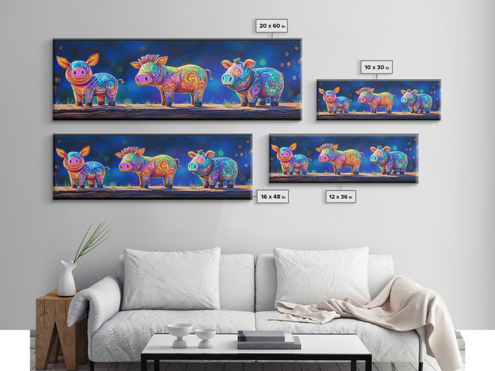 Three Rainbow Farm Animal Figures Wall Art, Colorful Animal Nursery Art, Whimsical Farmhouse Decor, Kids Room Canvas Print