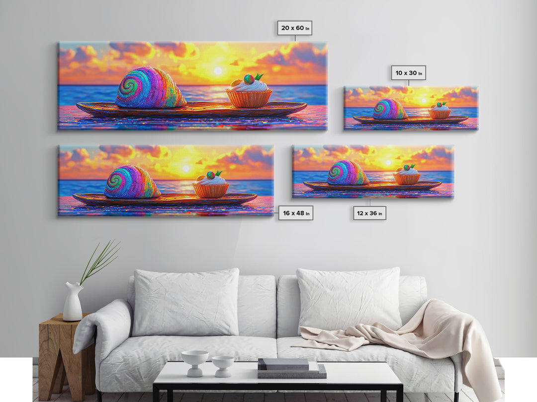 Rainbow Seashell And Cupcake At Ocean Sunset Wall Art, Coastal Kitchen Decor, Whimsical Beach House Art Print, Summer Decor