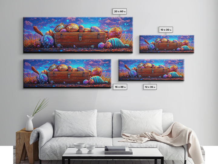 Treasure Chest With Glowing Seashells Canvas Print, Coastal Wall Art, Nautical Decor, Ocean Nursery Decor, Beach House Art