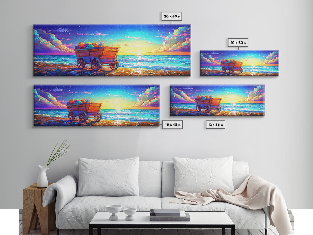 Wooden Wagon On Sunset Beach Framed Canvas Print, Coastal Wall Art, Ocean Painting, Beach House Decor, Seascape Art, Summer Home Decor