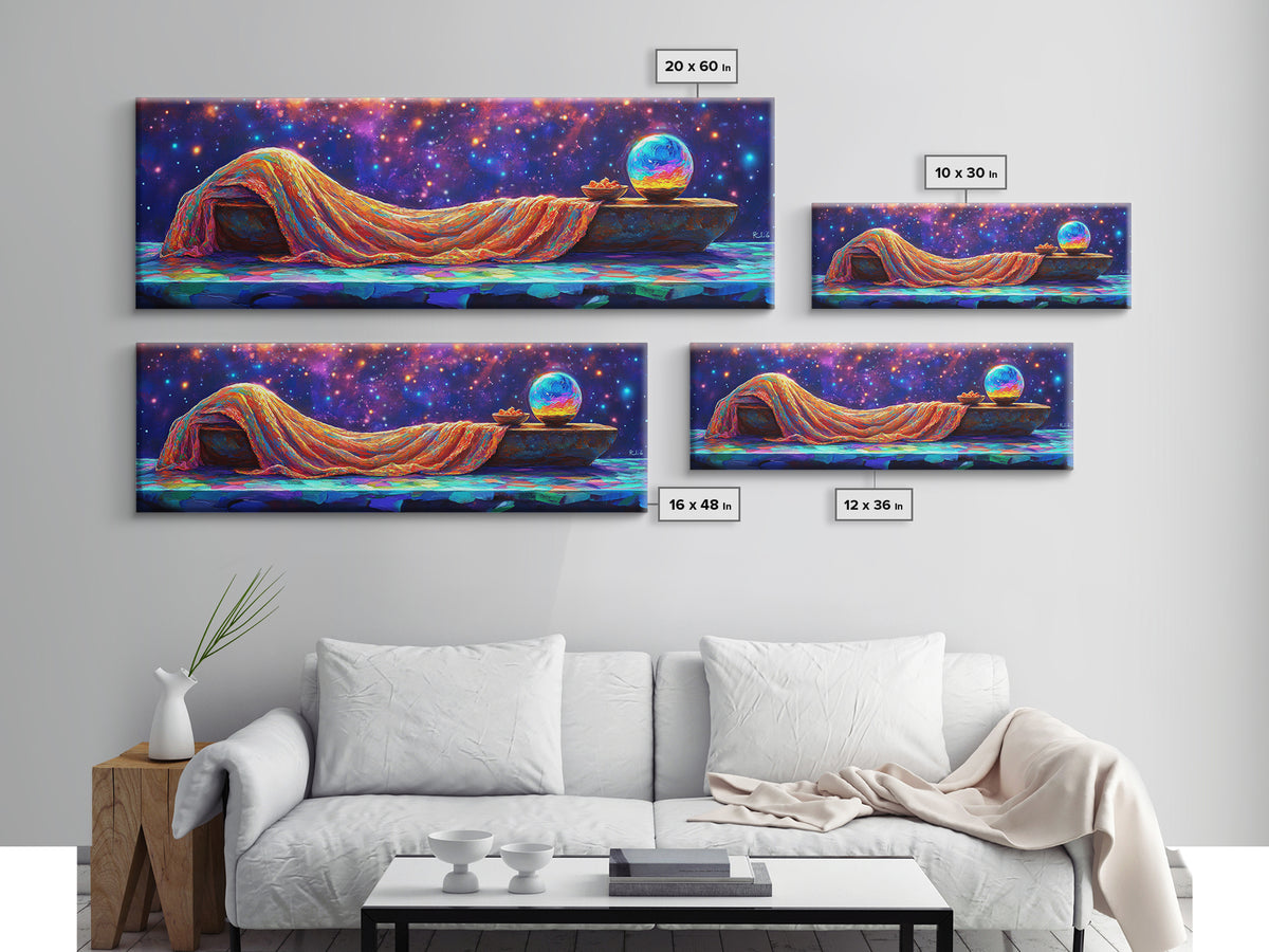 Dreamy Draped Bed Under Starry Sky Wall Art, Celestial Wall Art, Surreal Art, Whimsical Decor, Bedroom Wall Art, Modern Home Decor