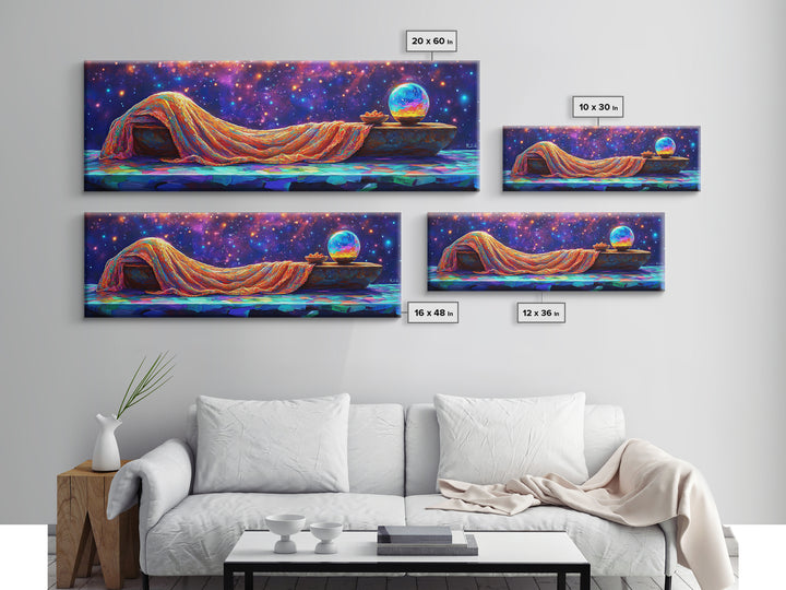 Dreamy Draped Bed Under Starry Sky Wall Art, Celestial Wall Art, Surreal Art, Whimsical Decor, Bedroom Wall Art, Modern Home Decor