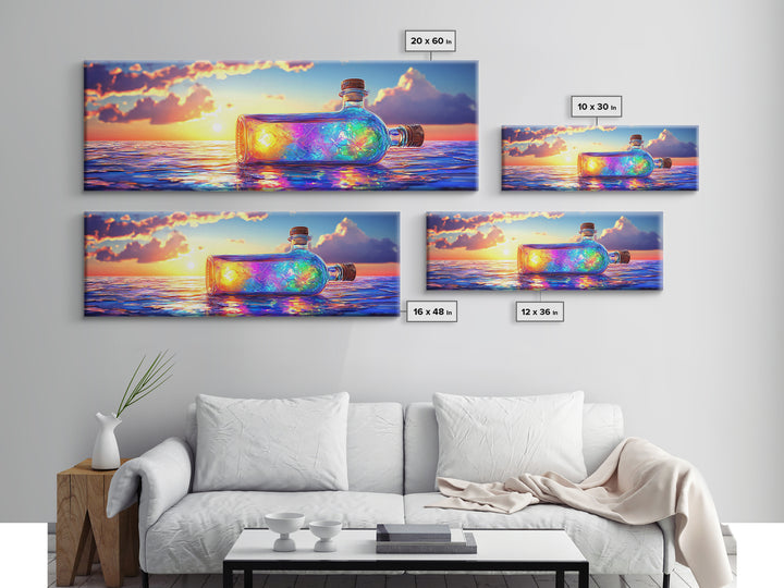 Glowing Message Bottle At Ocean Sunset Framed Canvas Print, Coastal Wall Art, Beach House Decor And Nautical Gift For Living Room