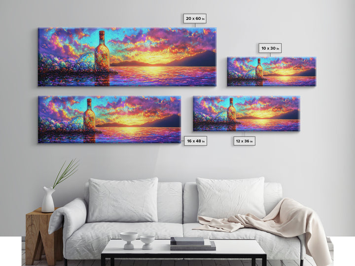 Glowing Bottle On Sunset Shore Canvas Print, Vibrant Ocean Wall Art, Coastal Beach House Decor For Living Room And Office Decor
