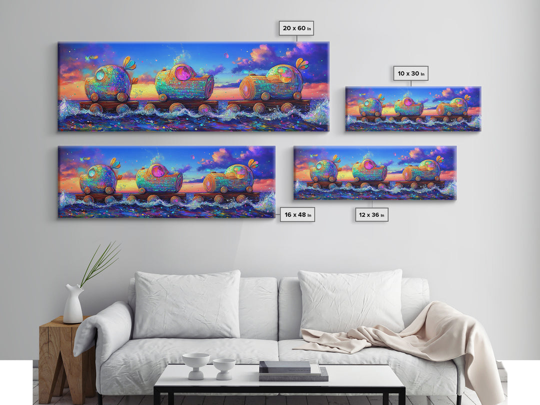 Whimsical Toy Train Rolling Through Ocean Waves Wall Art, Colorful Coastal Decor, Fantasy Nursery Art, Playroom Canvas Print