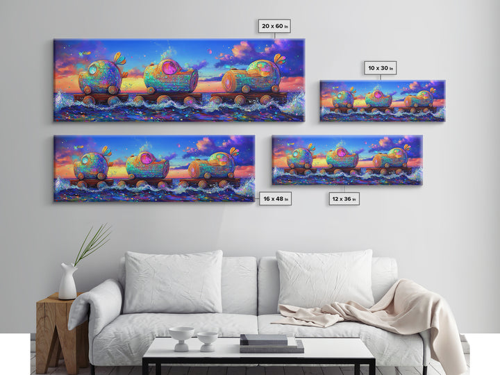 Whimsical Toy Train Rolling Through Ocean Waves Wall Art, Colorful Coastal Decor, Fantasy Nursery Art, Playroom Canvas Print