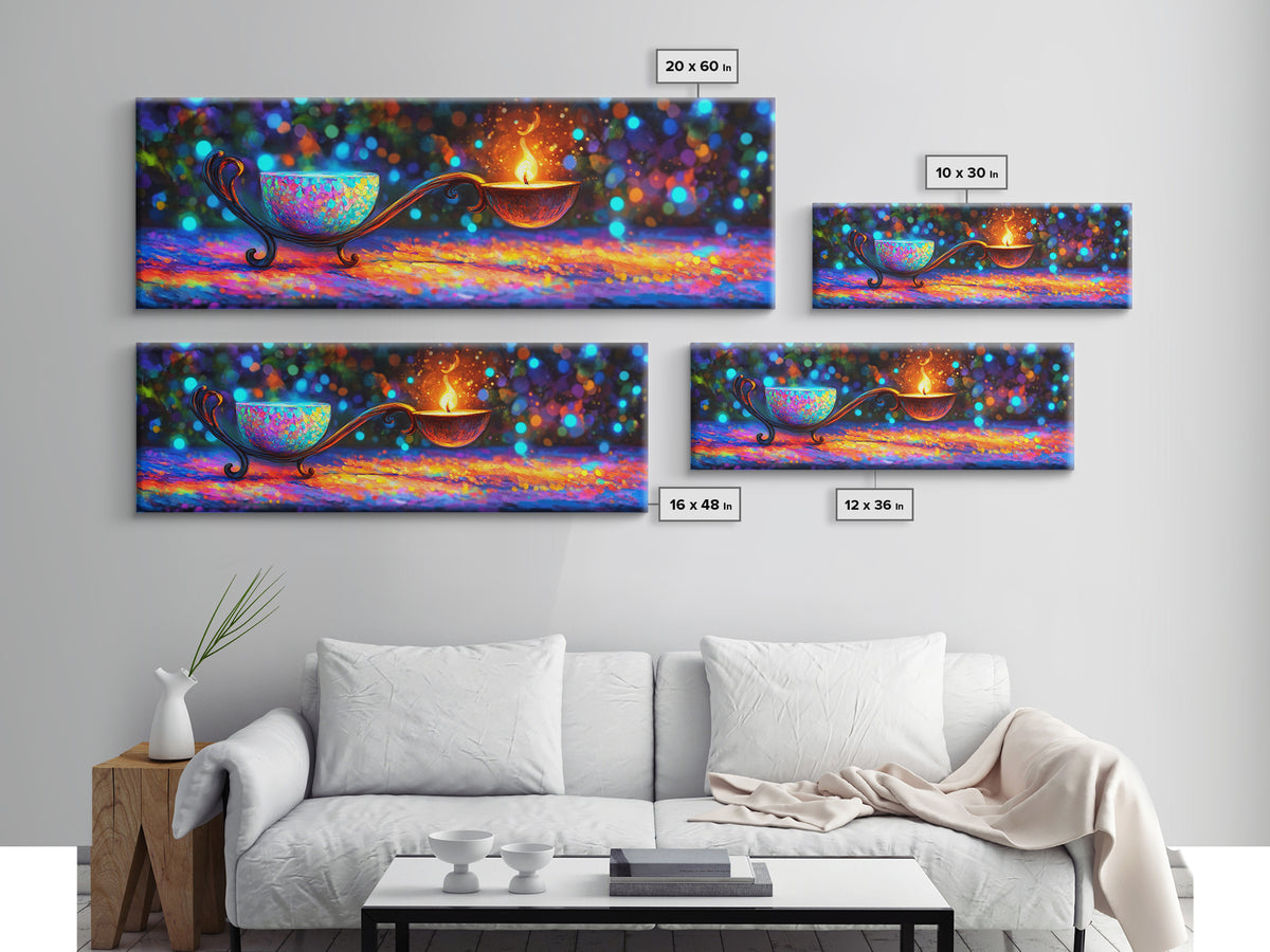 Ornate Rainbow Oil Lamp With Flame Framed Canvas Print, Spiritual Wall Art, Meditation Decor, Boho Home Decor Gift, Zen Wall Decor