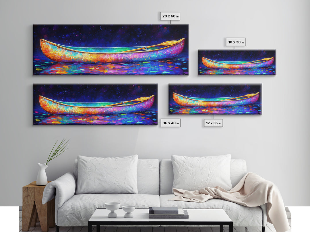 Rainbow Canoe Floating Under Starry Night Canvas Print, Nautical Wall Art, Colorful Coastal Decor, Lake House Statement Art