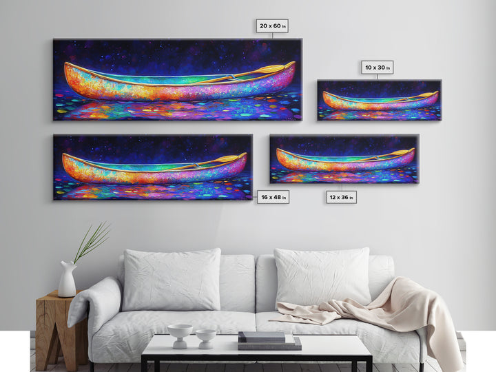 Rainbow Canoe Floating Under Starry Night Canvas Print, Nautical Wall Art, Colorful Coastal Decor, Lake House Statement Art