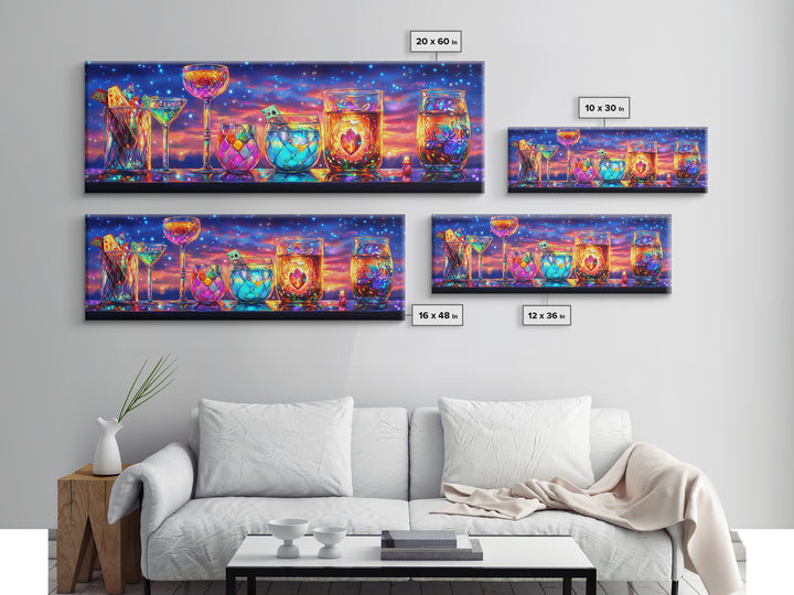 Glowing Cocktail Glasses At Twilight Wall Art, Colorful Bar Cart Canvas Print, Home Bar Decor, Martini And Wine Lover Gift