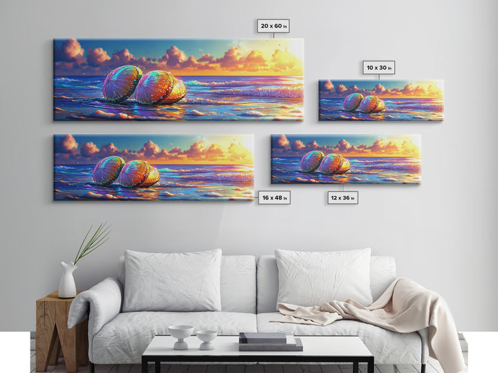 Sunlit Seashells On Ocean Shore Canvas Print, Coastal Wall Art, Beach House Decor, Nautical Seascape Living Room Decor Print