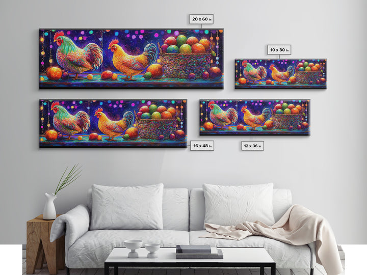 Colorful Roosters And Hen With Fruit Basket Canvas Print, Farmhouse Kitchen Wall Art, Chicken Art, Rustic Home Decor Gift
