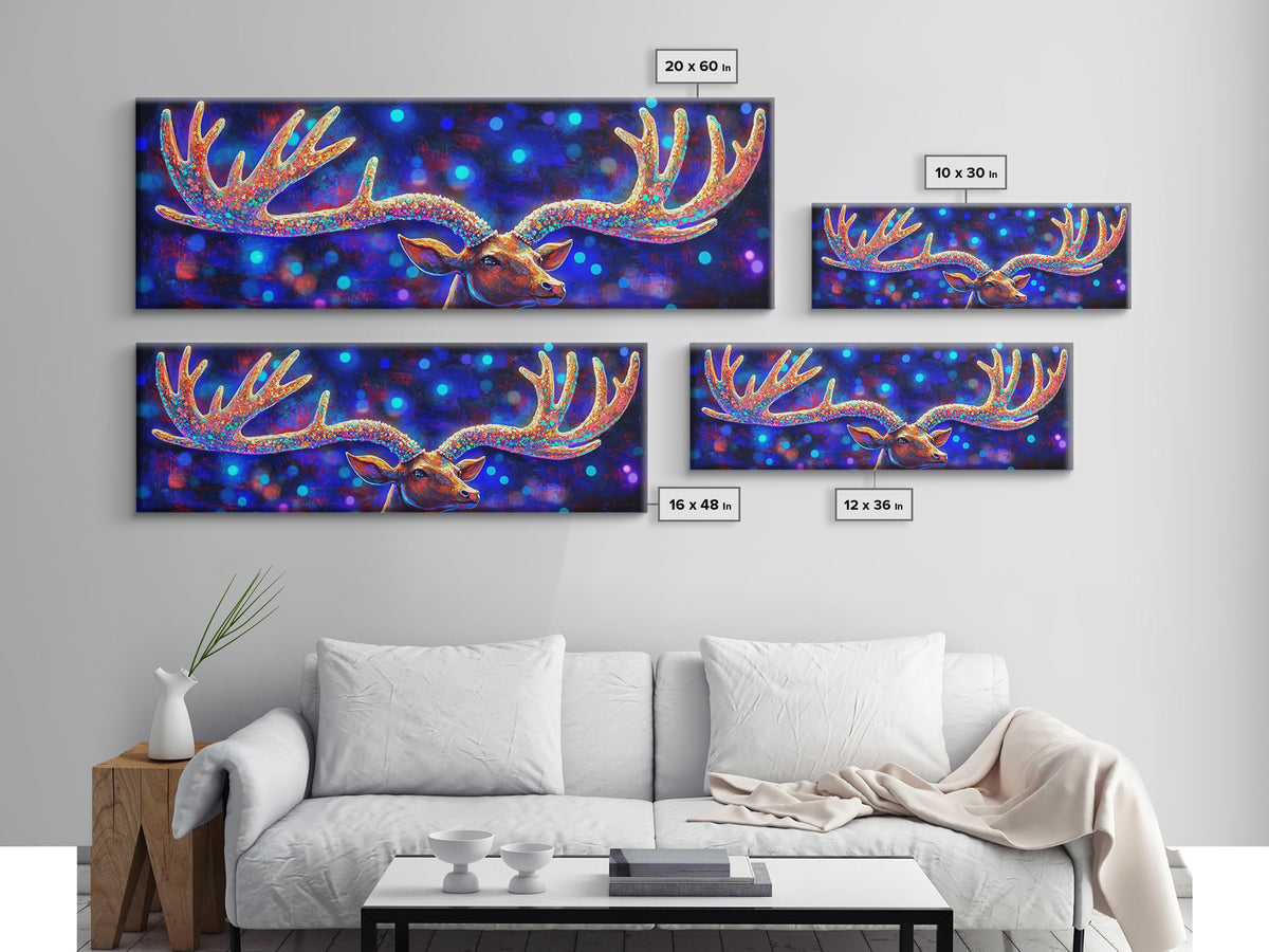 Rainbow Moose Antlers With Neon Bokeh Canvas Print, Wildlife Wall Art, Colorful Lodge Decor, Rustic Nature Housewarming Gift