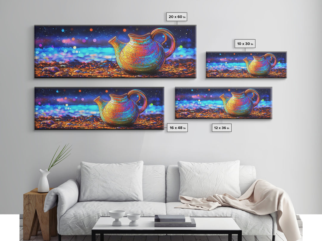 Iridescent Ceramic Pitcher Under Starry Lights Framed Canvas Print, Colorful Kitchen Wall Art, Modern Home Decor, Unique Gift
