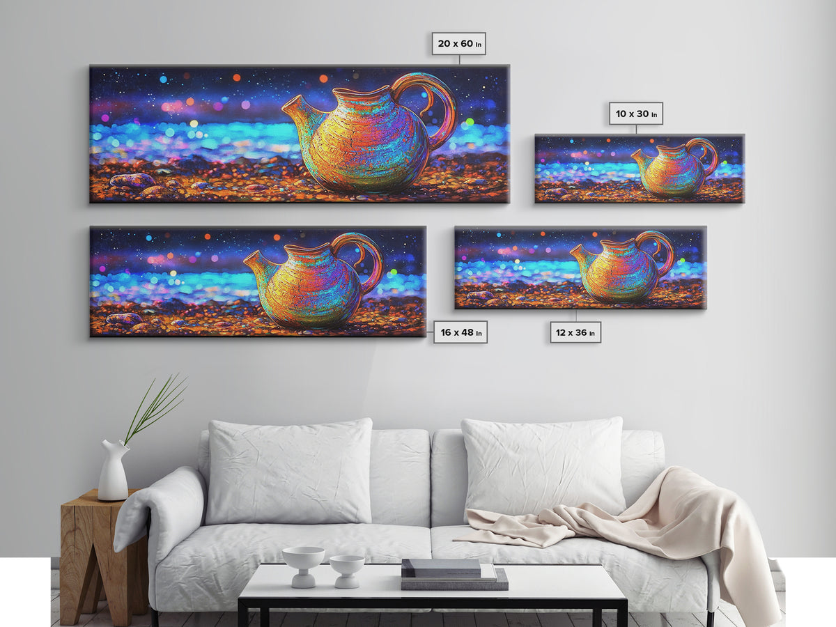 Iridescent Ceramic Pitcher Under Starry Lights Framed Canvas Print, Colorful Kitchen Wall Art, Modern Home Decor, Unique Gift
