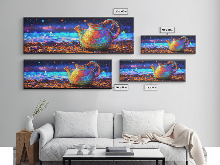Iridescent Ceramic Pitcher Under Starry Lights Framed Canvas Print, Colorful Kitchen Wall Art, Modern Home Decor, Unique Gift