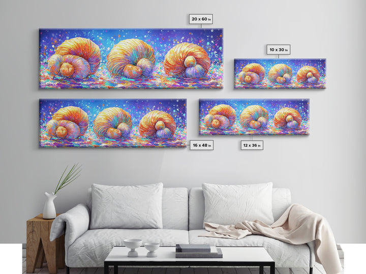 Three Radiant Seashells In Confetti Light Canvas Print, Coastal Wall Art, Beach House Decor, Nautical Bathroom Wall Decor