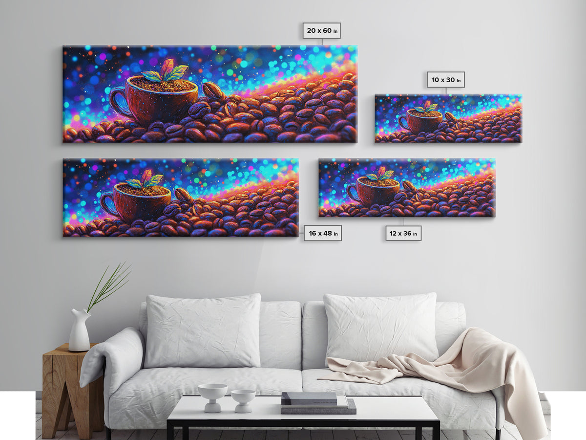 Coffee Beans And Sprout In Glowing Cup Canvas Print, Coffee Bar Wall Art, Modern Kitchen Decor, Gift For Coffee Lover Home Decor