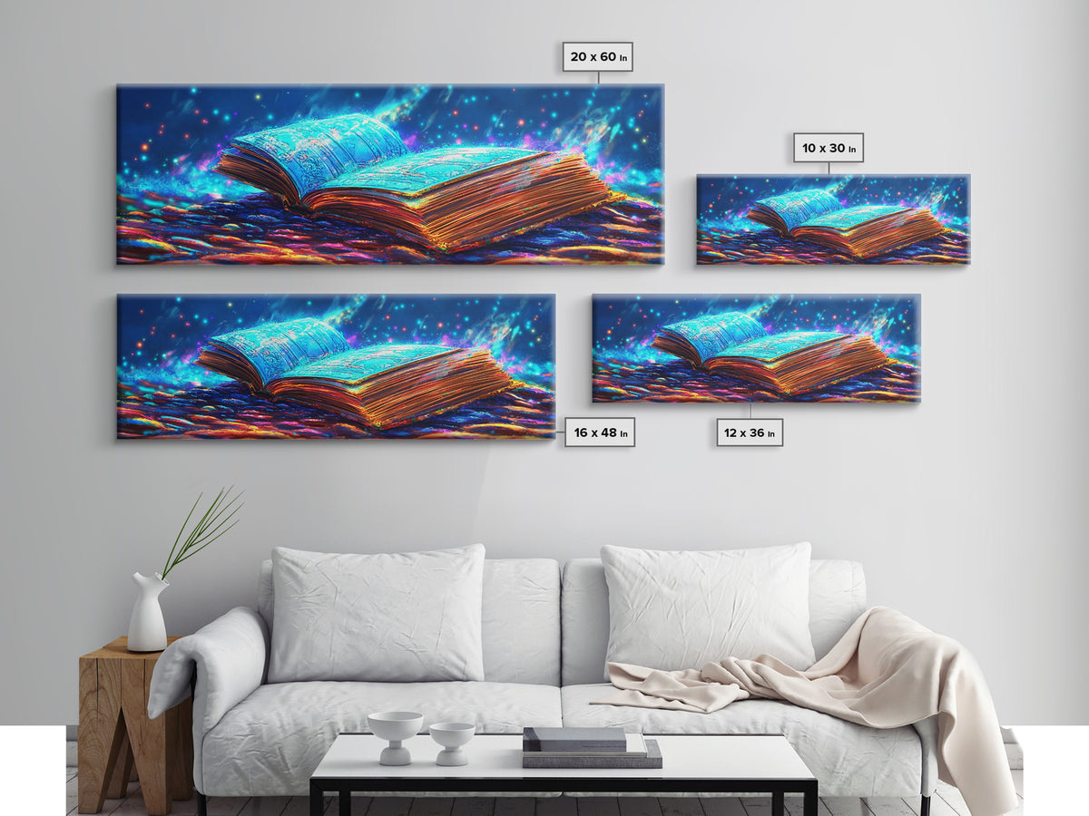 Glowing Open Book With Magical Blue Light Wall Art, Fantasy Library Canvas Print, Book Lover Decor, Dark Academia Gift For Readers
