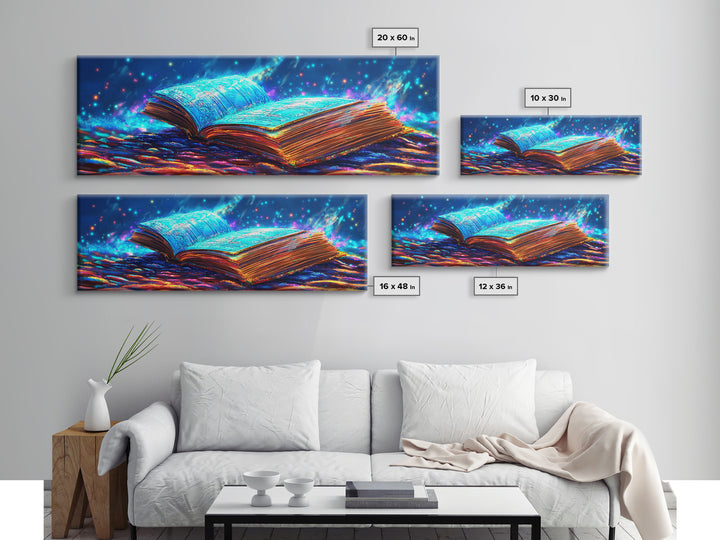 Glowing Open Book With Magical Blue Light Wall Art, Fantasy Library Canvas Print, Book Lover Decor, Dark Academia Gift For Readers