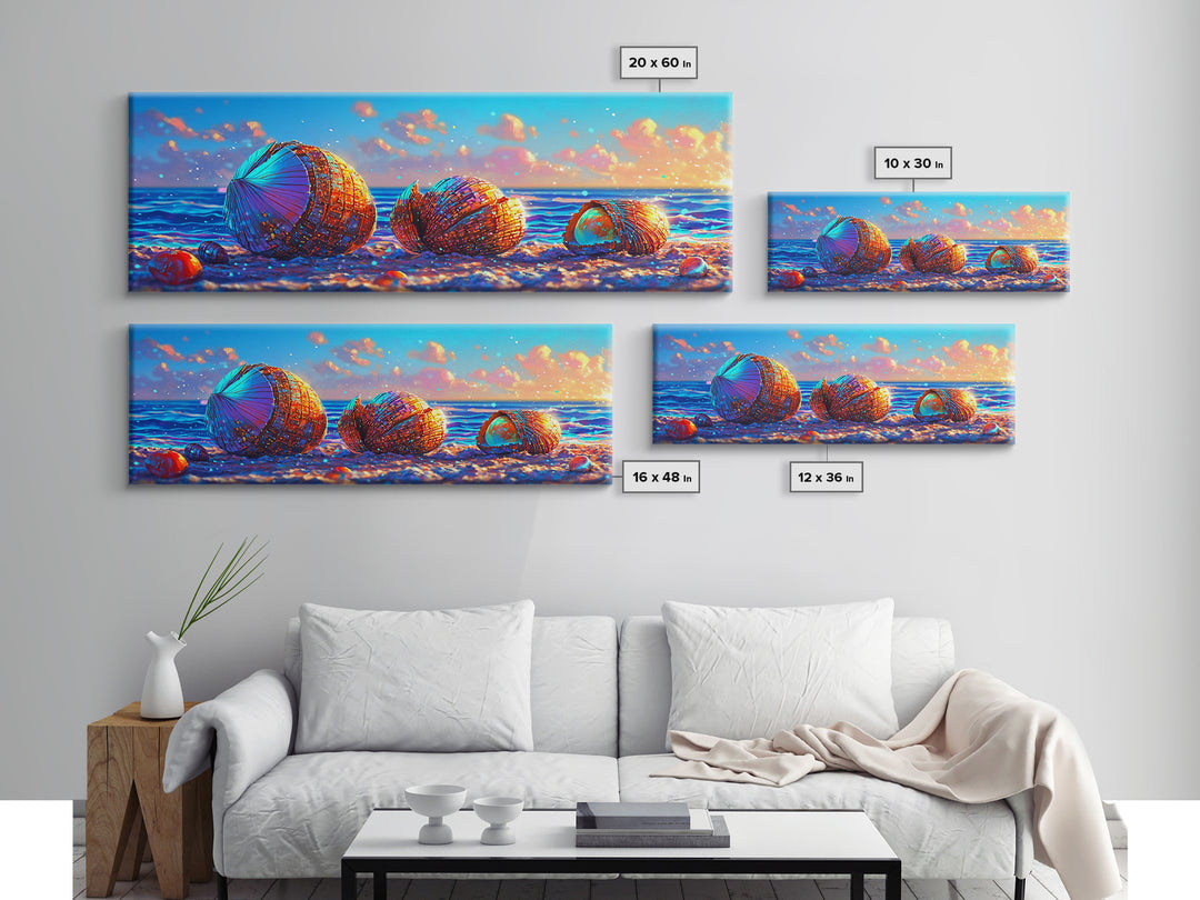 Rainbow Seashells On Sunny Beach Canvas Print, Coastal Wall Art, Ocean Decor, Beach House Nautical Living Room Decor Gift For Her