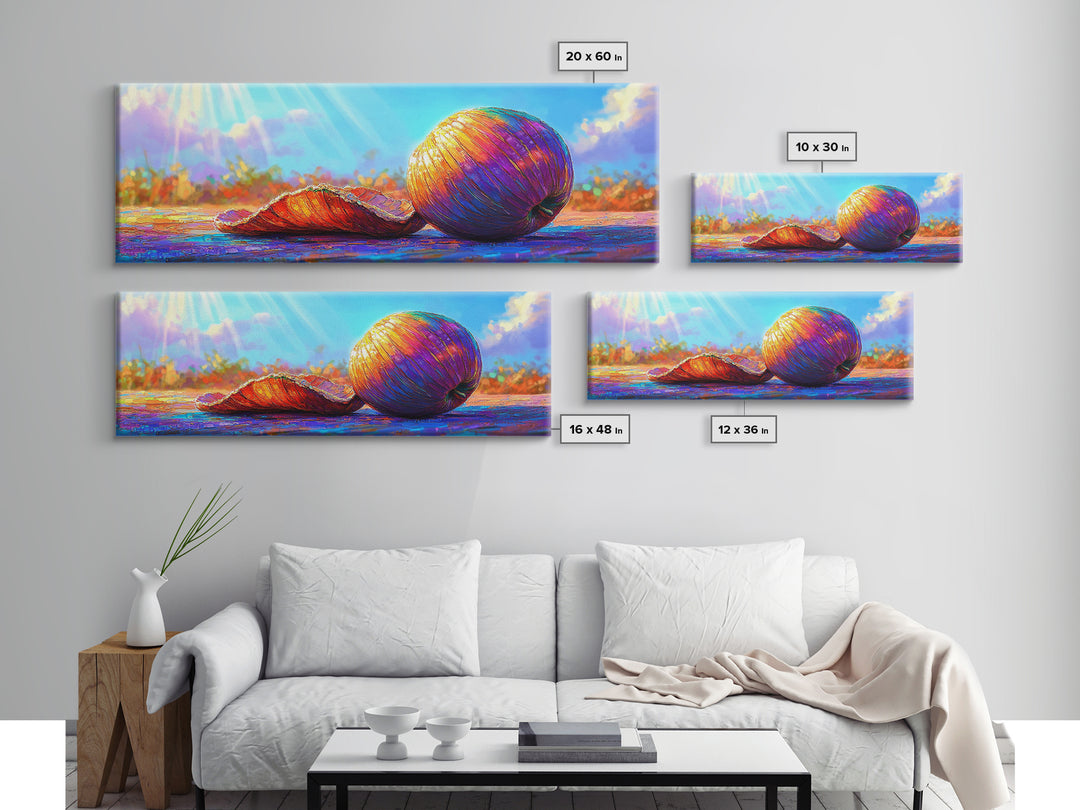Sunlit Rainbow Seashell And Orange Shell Canvas Print, Coastal Beach Wall Art, Tropical Ocean Decor, Bright Gift For Her