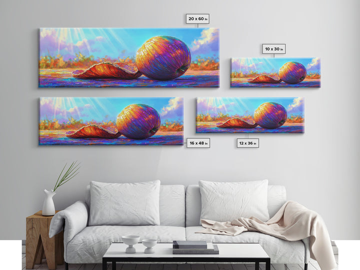 Sunlit Rainbow Seashell And Orange Shell Canvas Print, Coastal Beach Wall Art, Tropical Ocean Decor, Bright Gift For Her