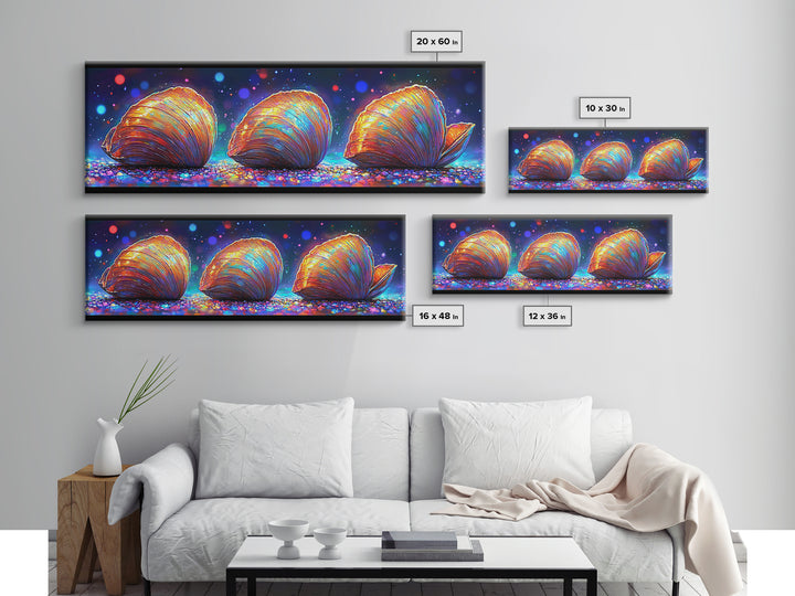 Three Glowing Seashells Canvas Print, Coastal Wall Art, Ocean Bathroom Decor, Beach House Gift, Colorful Nautical Art Print
