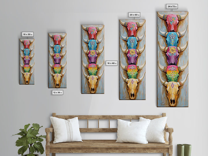 Stacked Painted Longhorn Skulls Wall Art, Southwestern Western Decor, Cowgirl Framed Canvas Print, Boho Ranch Home Decor