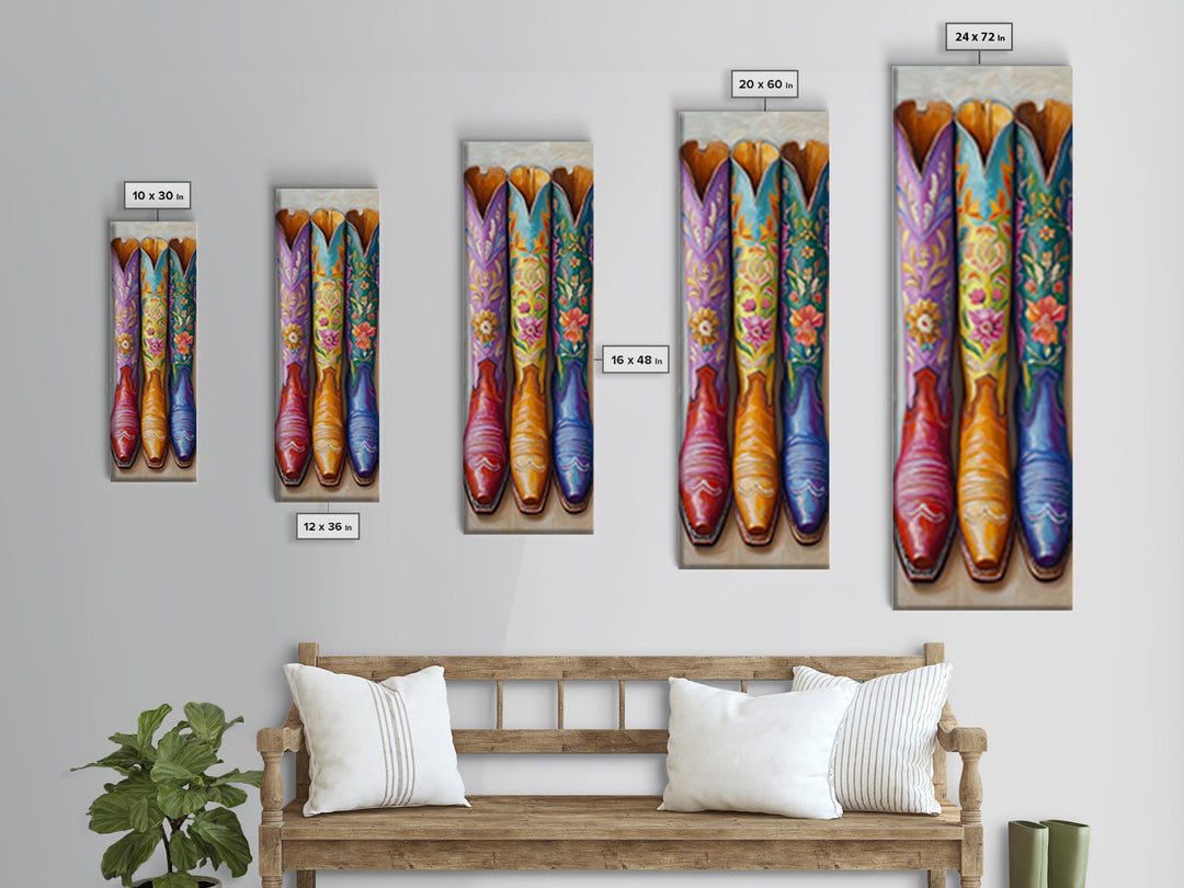 Three Tall Floral Cowboy Boots Wall Art, Western Cowgirl Decor, Southwestern Framed Canvas Print, Rustic Bedroom Wall Decor