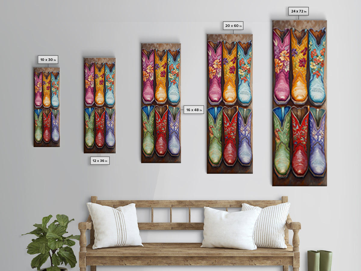 Six Floral Cowboy Boots Wall Art, Western Framed Canvas Print For Cowgirl Bedroom Living Room Rustic Home Decor Gift For Her