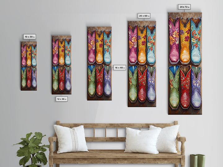 Six Floral Cowboy Boots Wall Art, Western Framed Canvas Print For Cowgirl Bedroom Living Room Rustic Home Decor Gift For Her